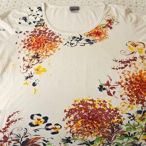 Laura Scott cotton L maroon, yellow, blue, dark orange flowers w red sequins